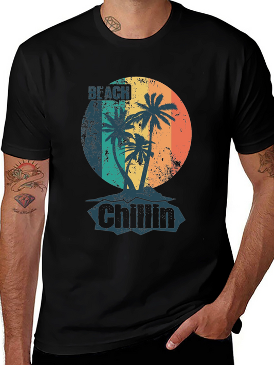 Camiseta Negra Beach Chillin con Diseño Tropical Vintage