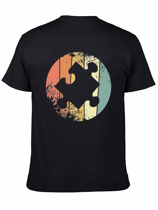 Camiseta Negra con Diseño de Pieza de Rompecabezas Retro