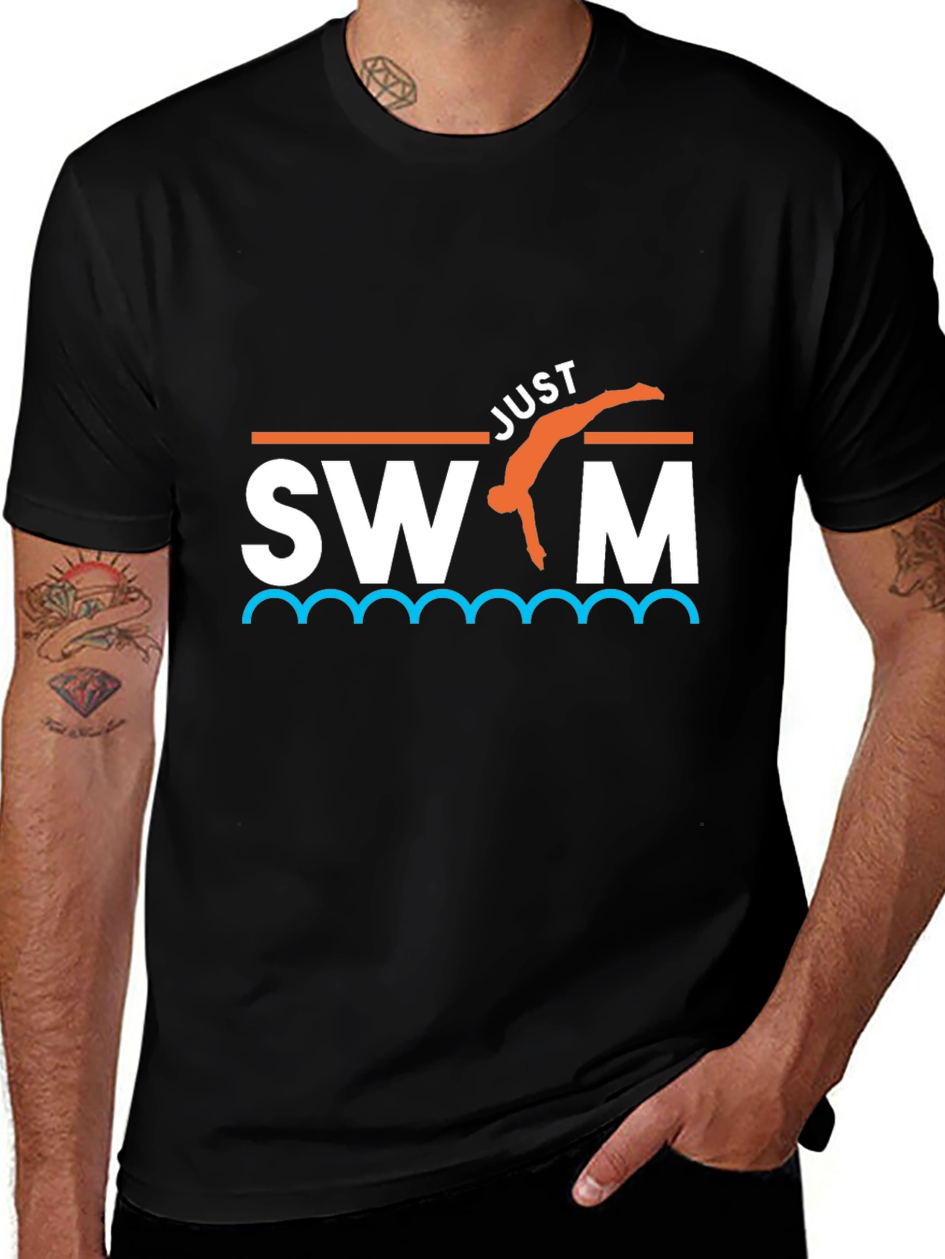 Camiseta Negra Just Swim Divertida para Natación