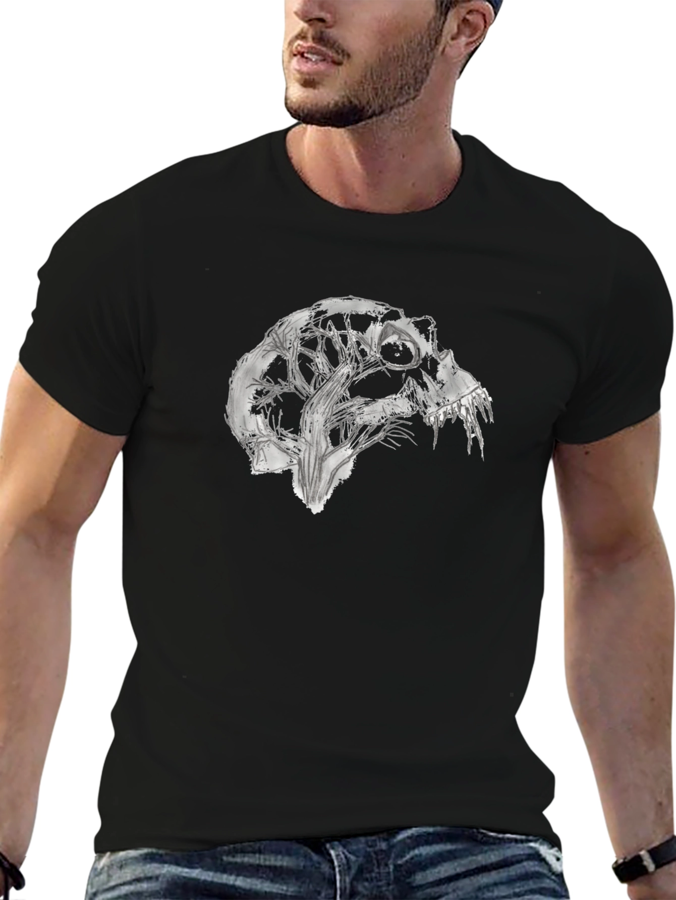 Camiseta Negra con Diseño Abstracto de Cráneo