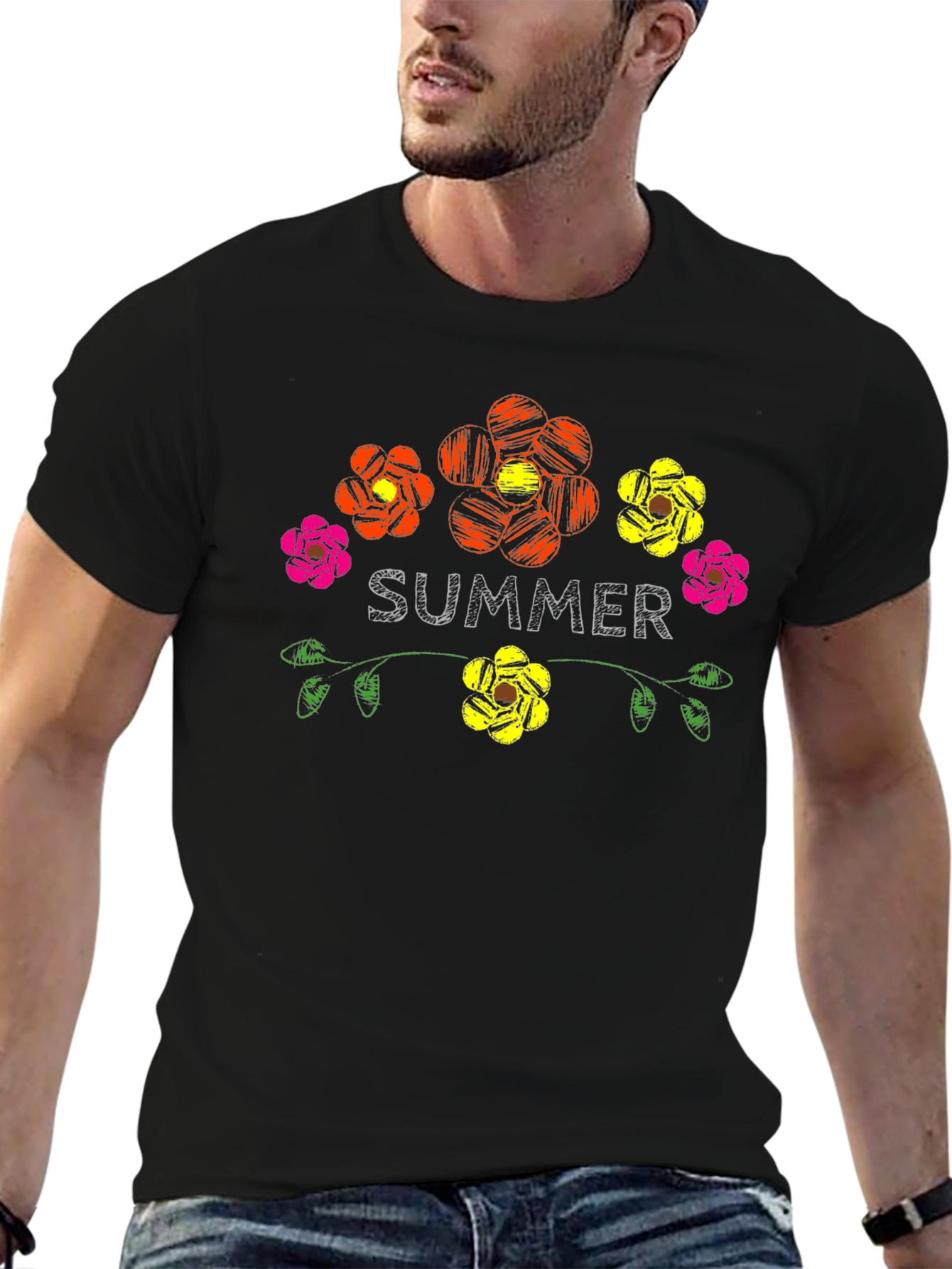 Camiseta Negra Verano Floral Estilo Bordado
