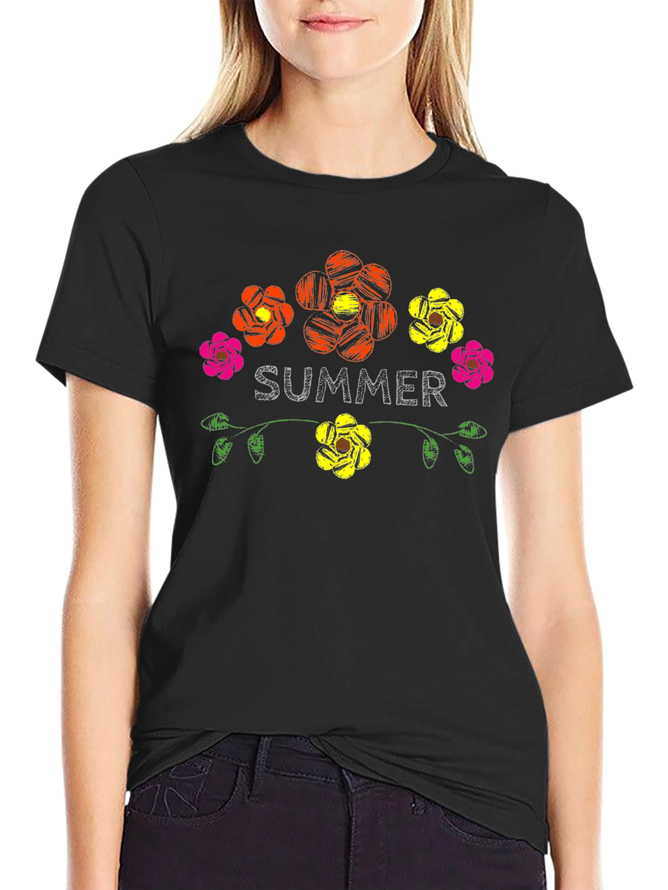 Camiseta Negra Verano Floral Estilo Bordado