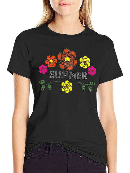 Camiseta Negra Verano Floral Estilo Bordado