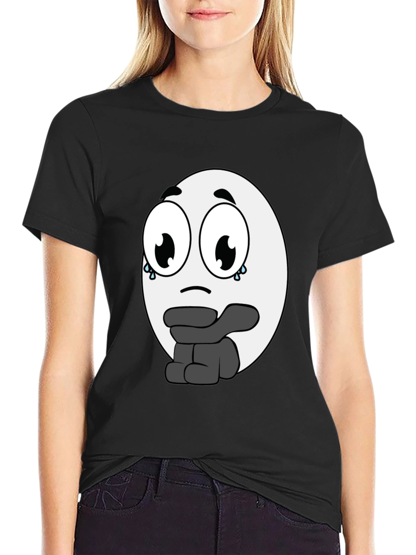 Camiseta Negra con Diseño de Emoticono Triste