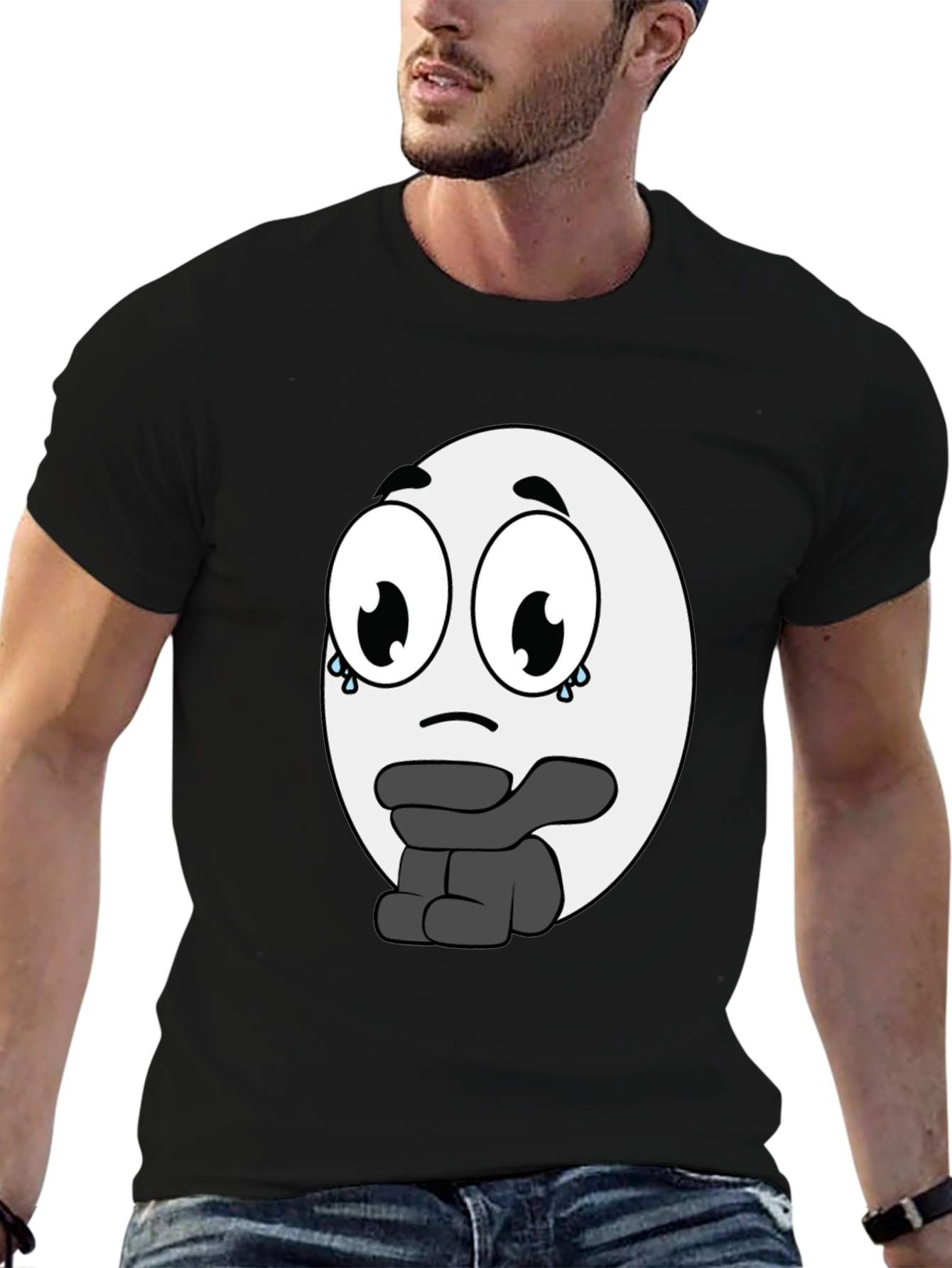 Camiseta Negra con Diseño de Emoticono Triste