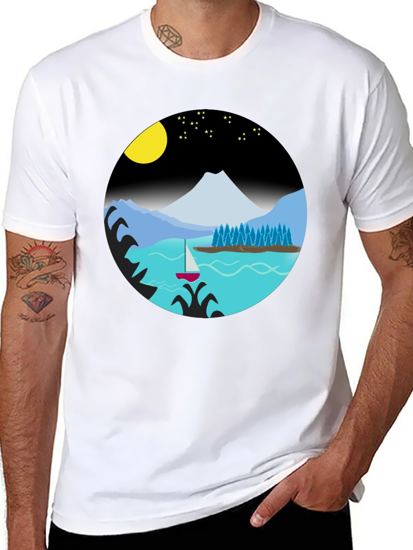 Camiseta Negra con Diseño de Paisaje Nocturno