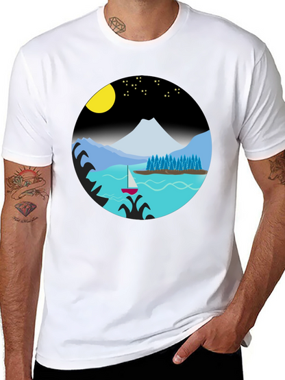 Camiseta Negra con Diseño de Paisaje Nocturno