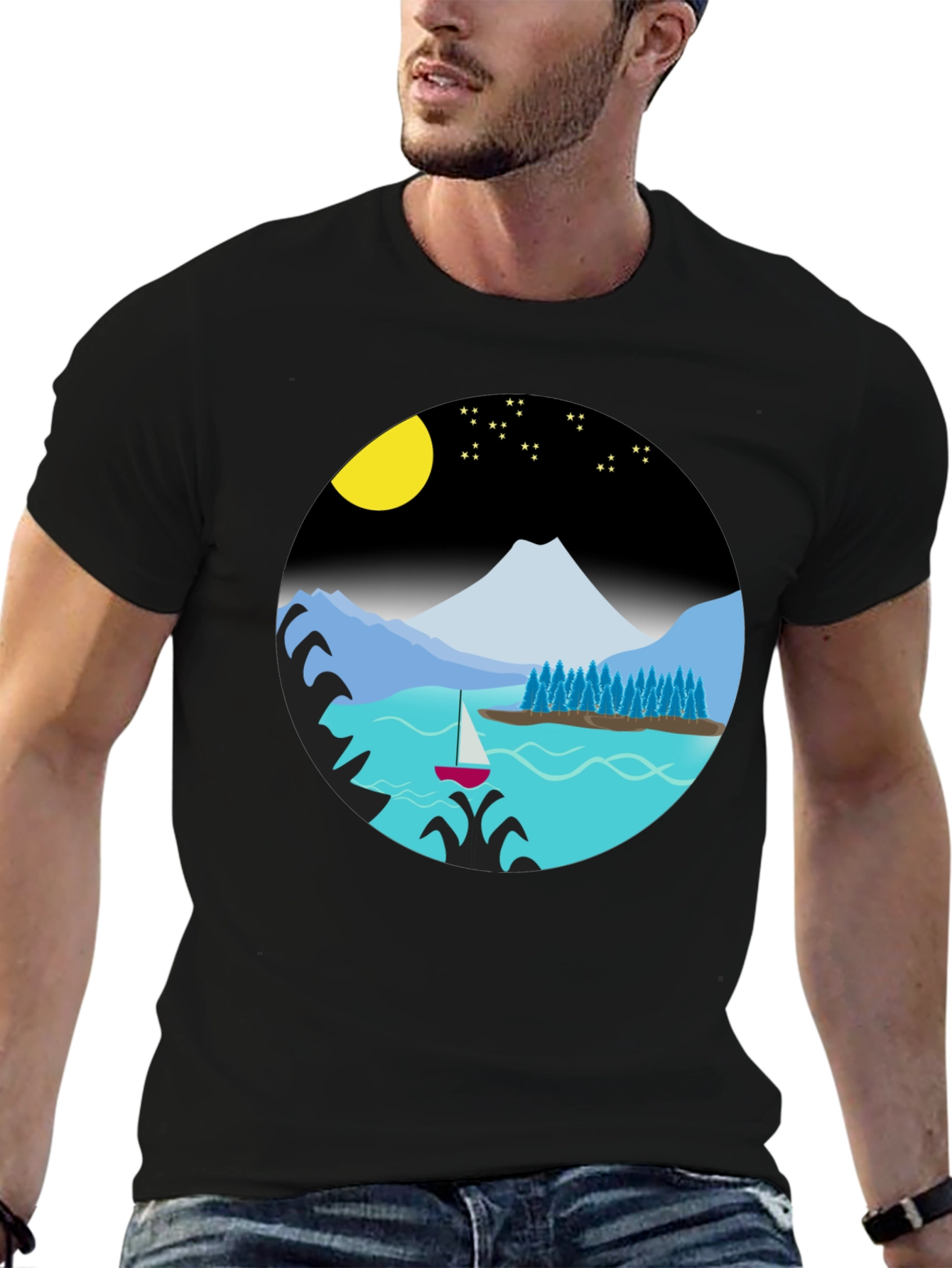 Camiseta Negra con Diseño de Paisaje Nocturno