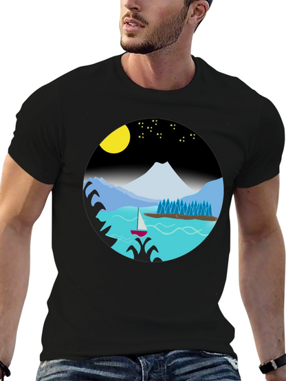 Camiseta Negra con Diseño de Paisaje Nocturno