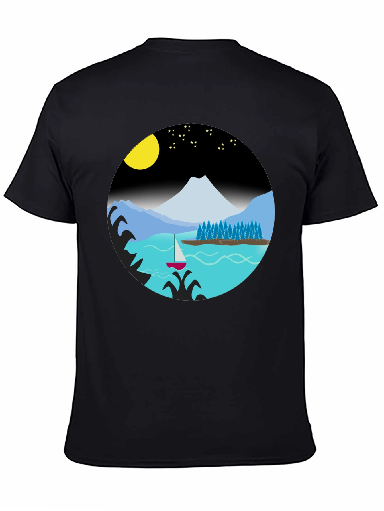Camiseta Negra con Diseño de Paisaje Nocturno