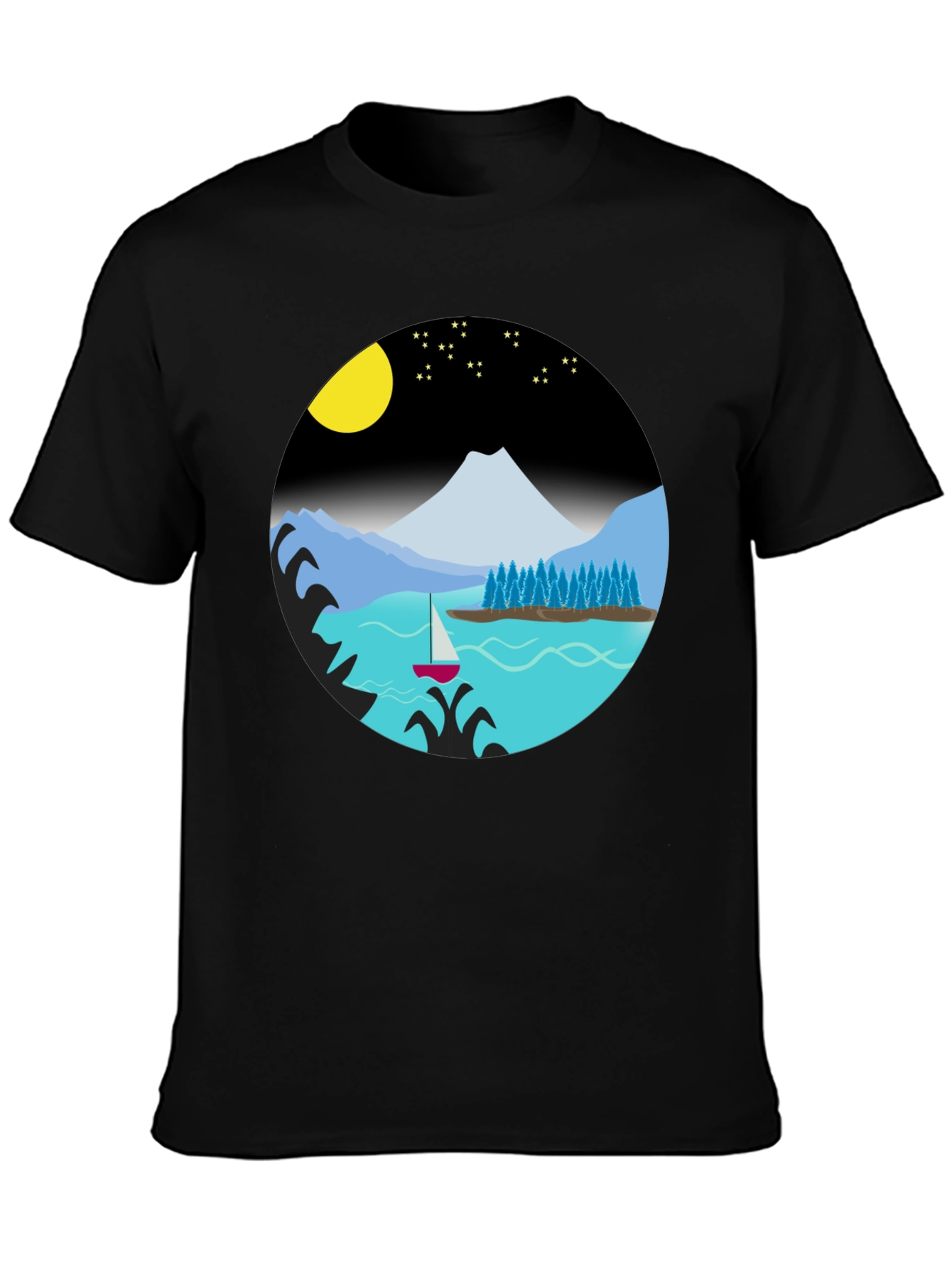 Camiseta Negra con Diseño de Paisaje Nocturno