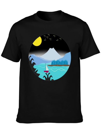 Camiseta Negra con Diseño de Paisaje Nocturno