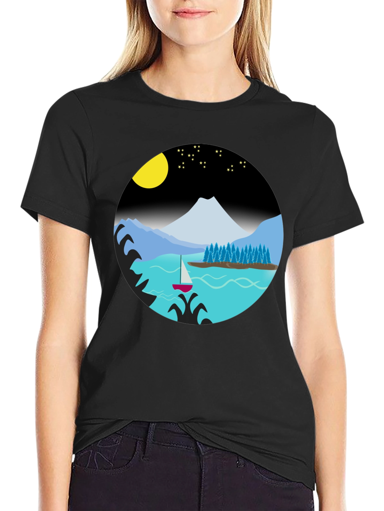 Camiseta Negra con Diseño de Paisaje Nocturno