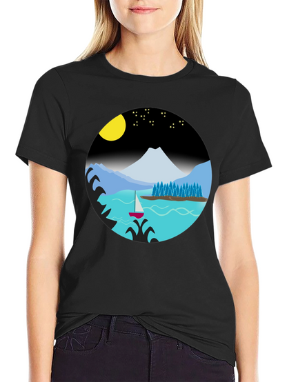 Camiseta Negra con Diseño de Paisaje Nocturno
