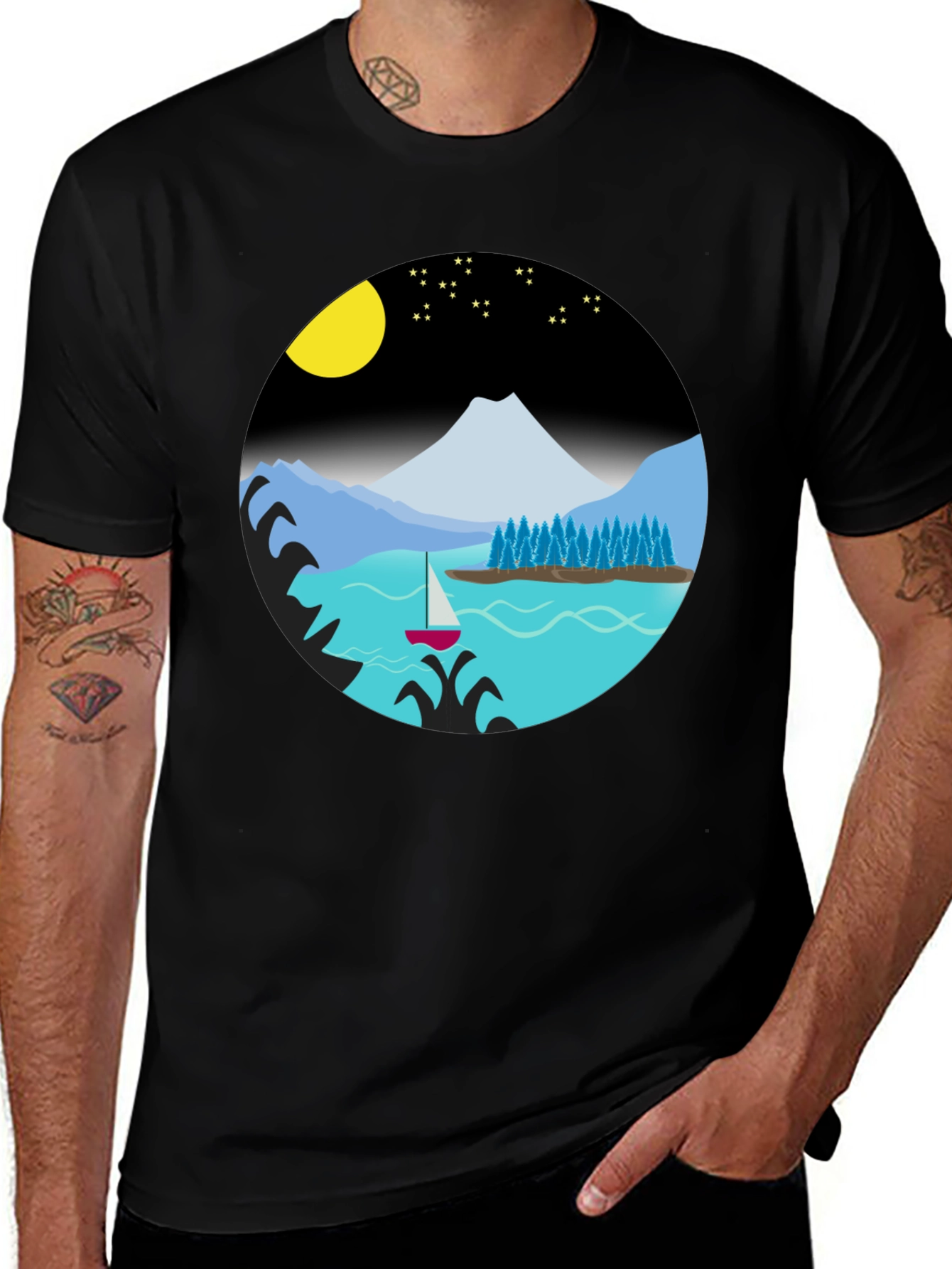 Camiseta Negra con Diseño de Paisaje Nocturno