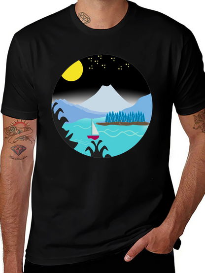 Camiseta Negra con Diseño de Paisaje Nocturno