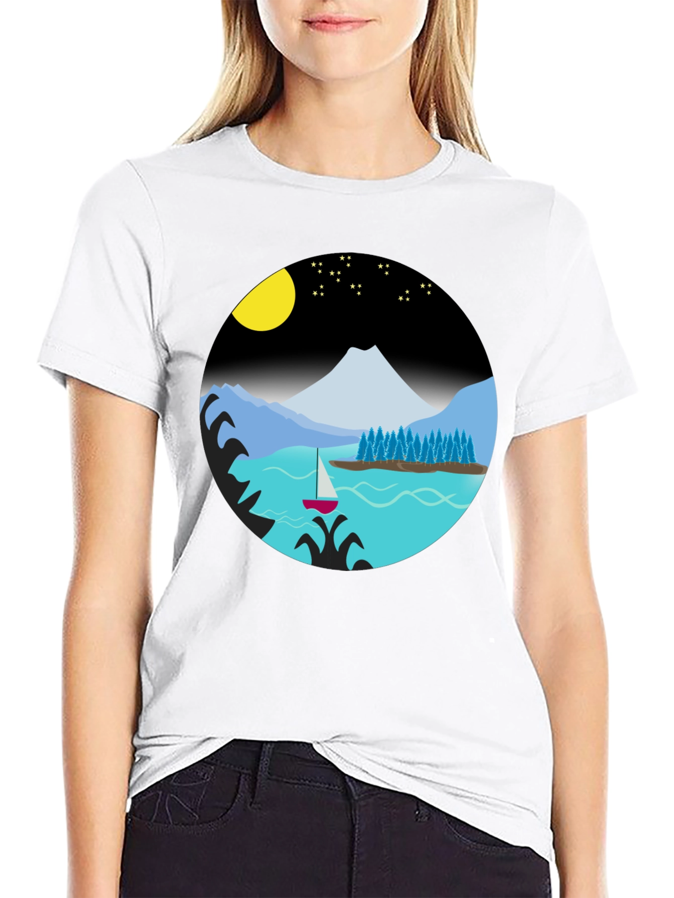 Camiseta Negra con Diseño de Paisaje Nocturno