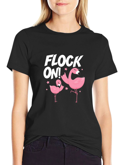 Camiseta Negra Flock On! con Flamencos Rosados