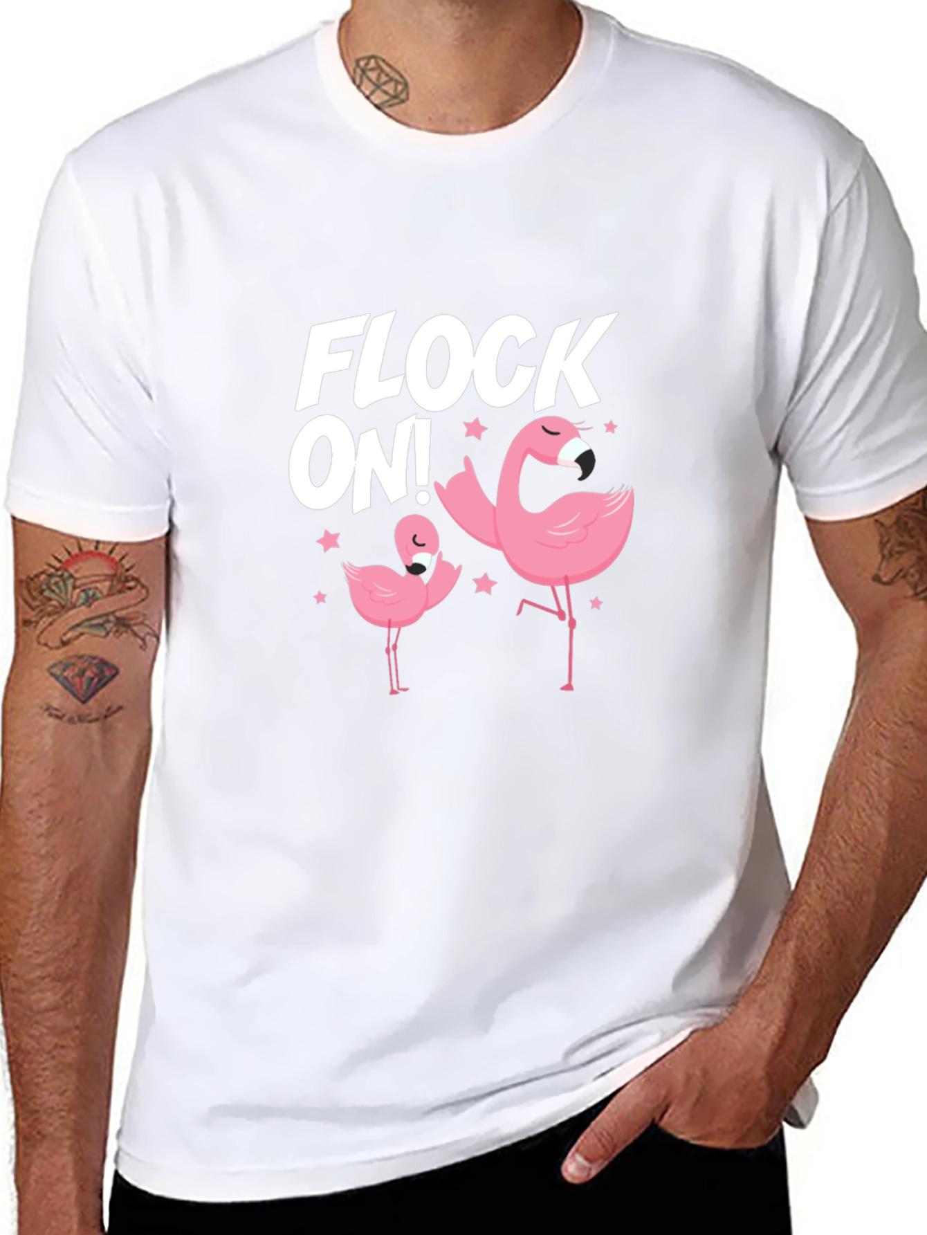 Camiseta Negra Flock On! con Flamencos Rosados