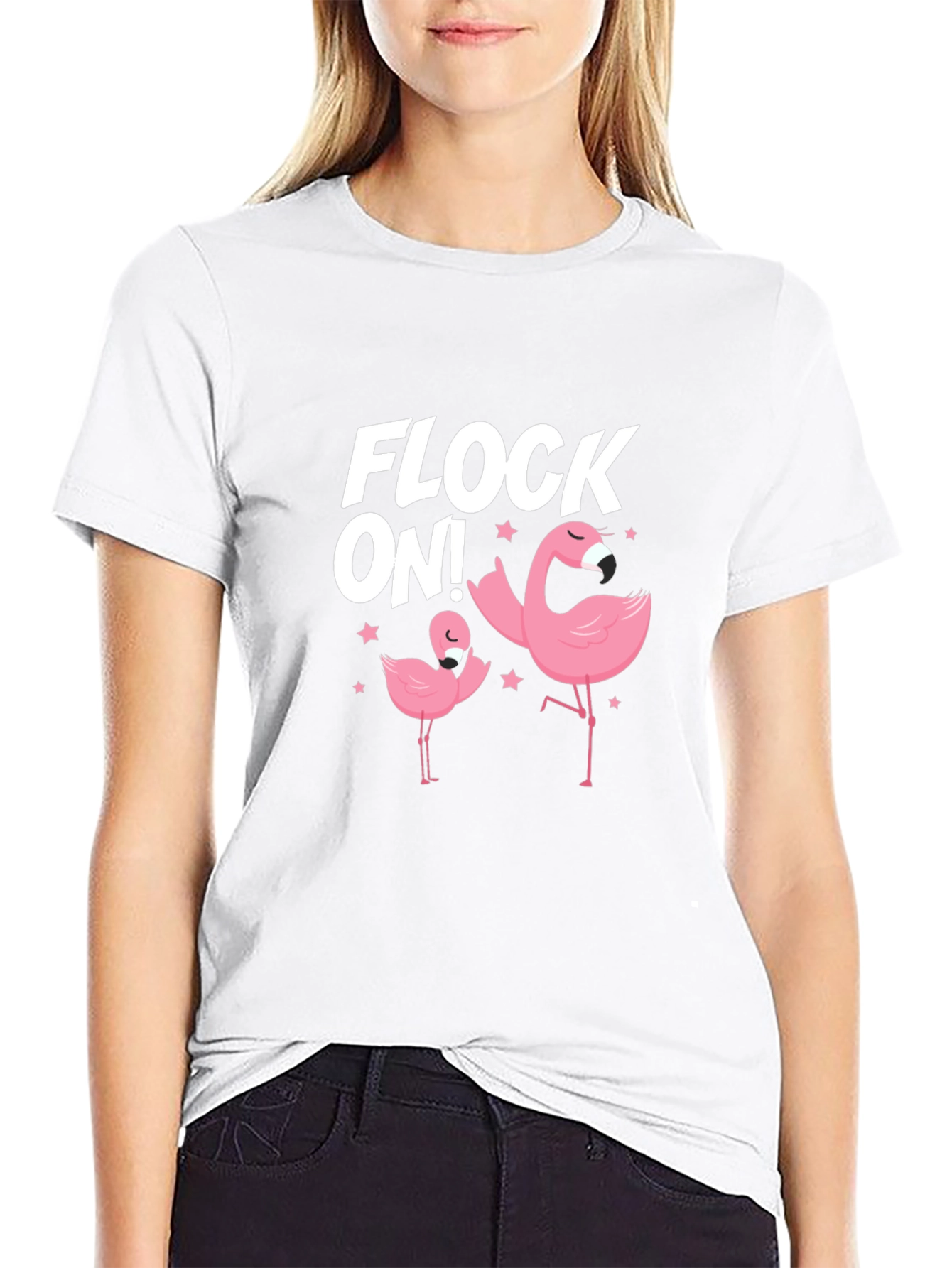 Camiseta Negra Flock On! con Flamencos Rosados