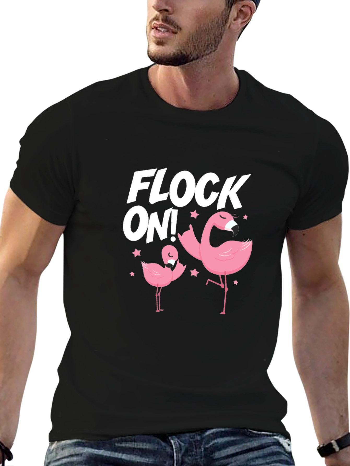 Camiseta Negra Flock On! con Flamencos Rosados