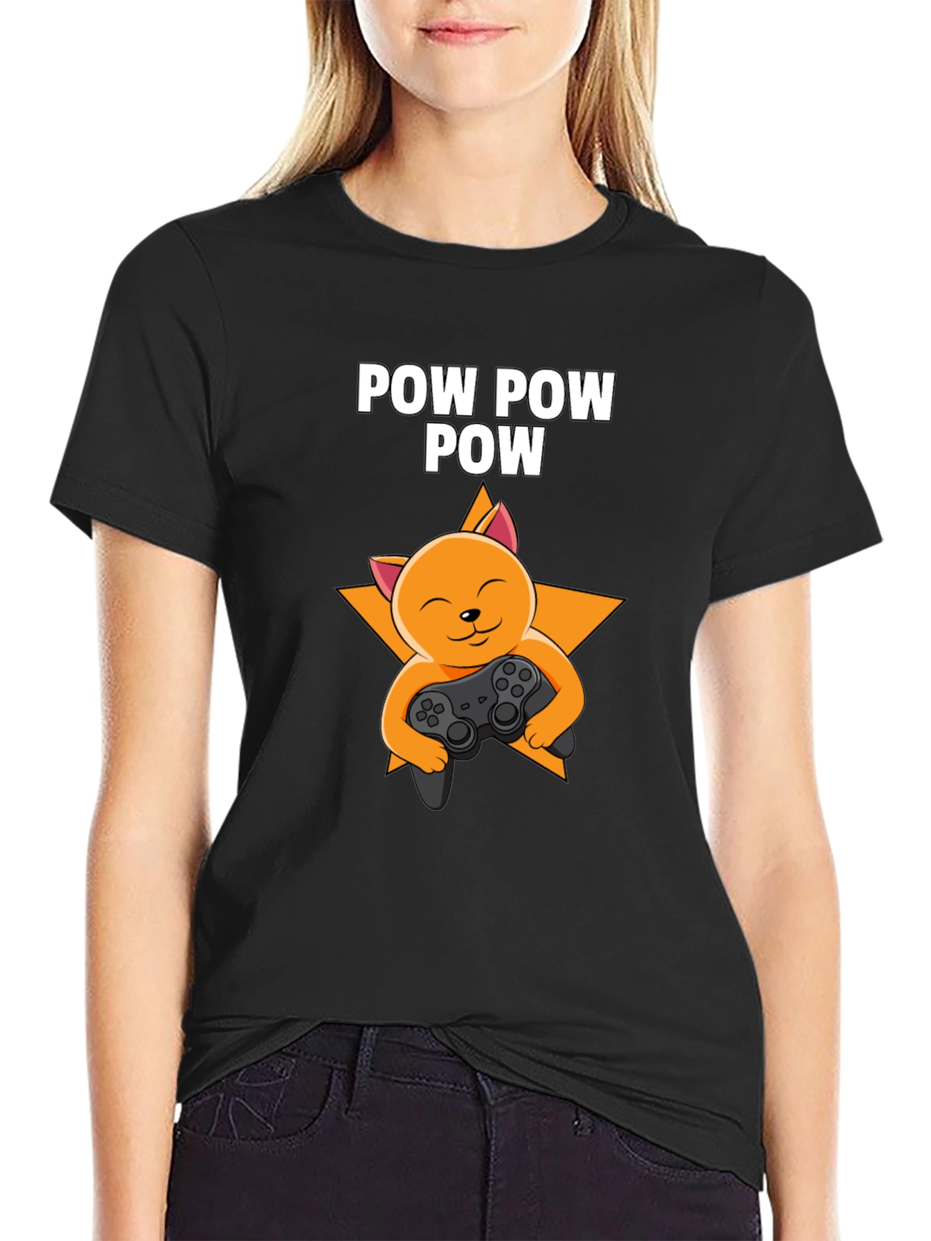 Camiseta Negra POW POW POW Gato Gamer