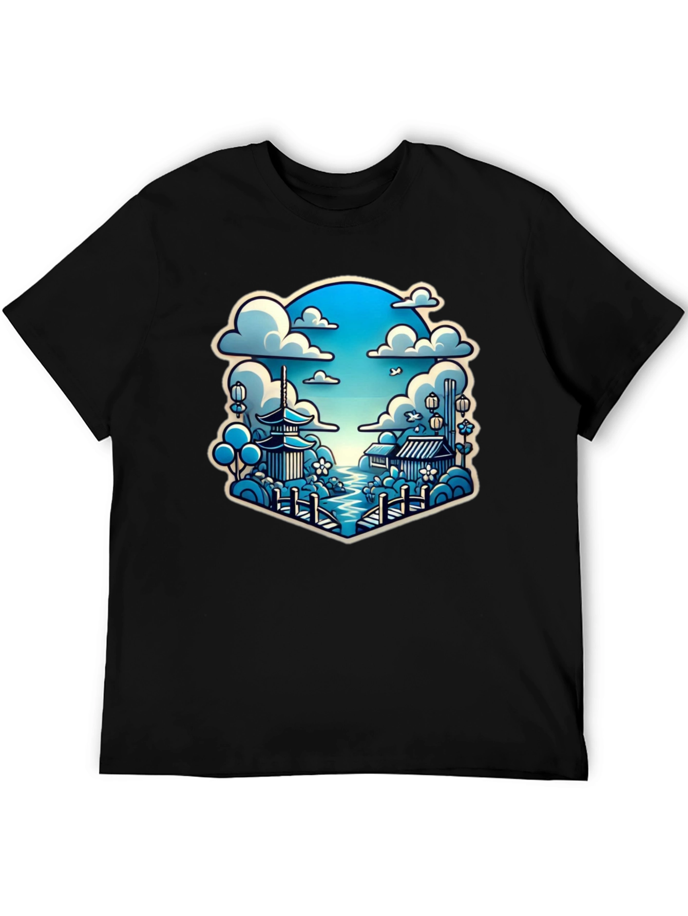 Camiseta Negra con Diseño Japonés Escénico