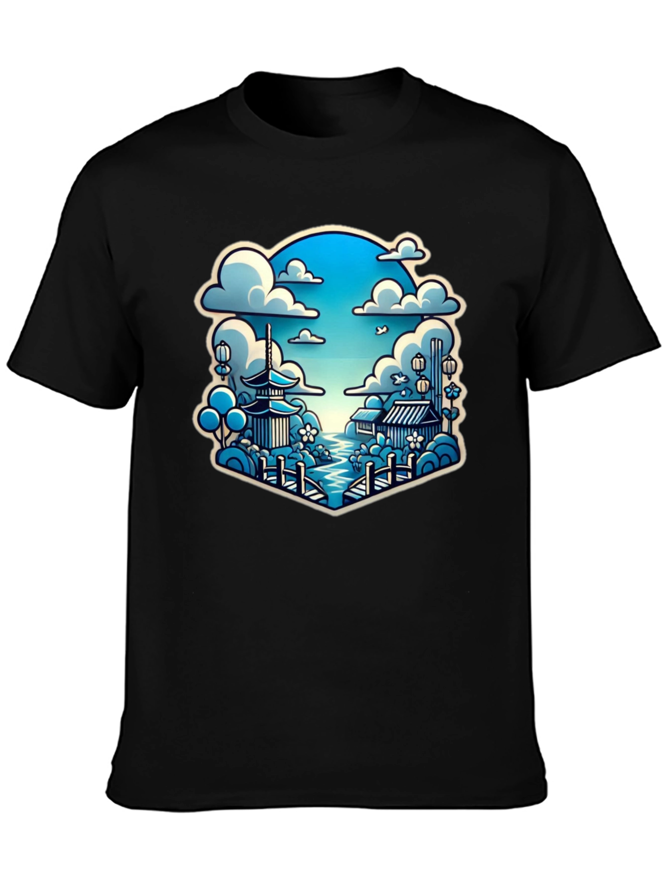 Camiseta Negra con Diseño Japonés Escénico