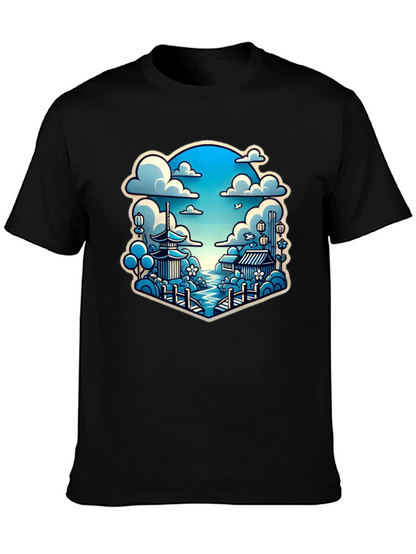 Camiseta Negra con Diseño Japonés Escénico