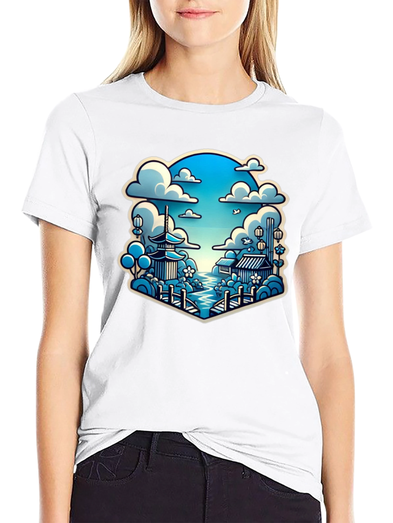 Camiseta Negra con Diseño Japonés Escénico