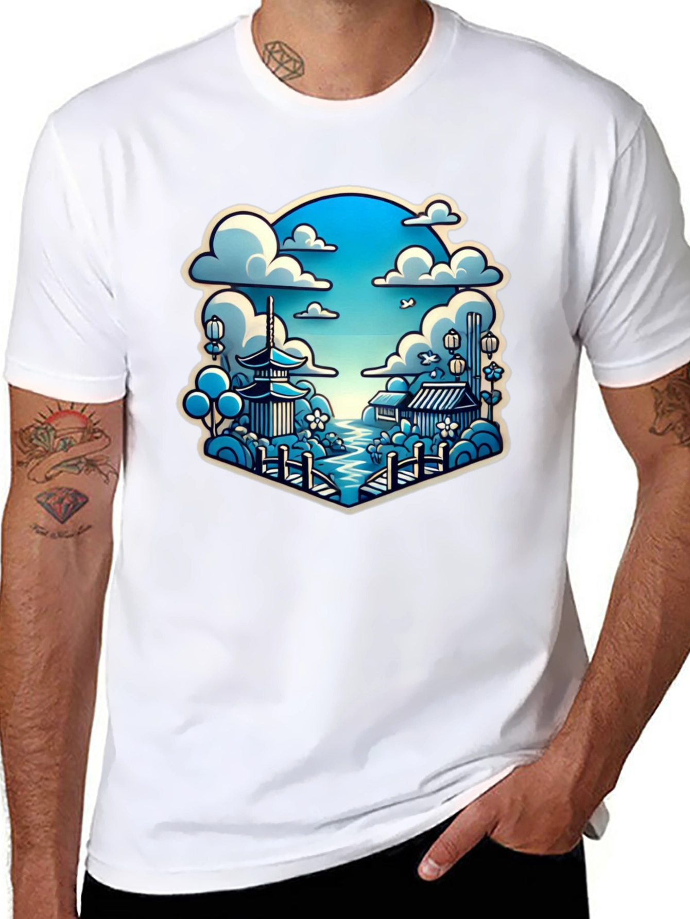 Camiseta Negra con Diseño Japonés Escénico