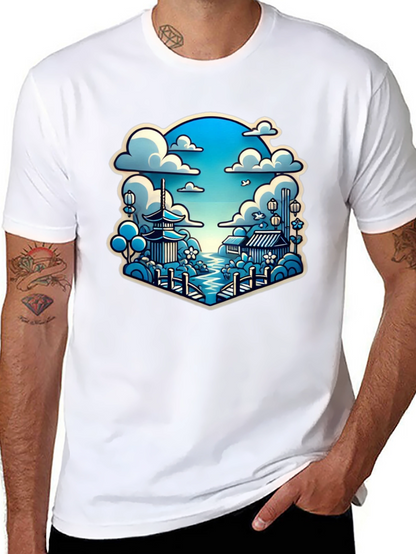 Camiseta Negra con Diseño Japonés Escénico