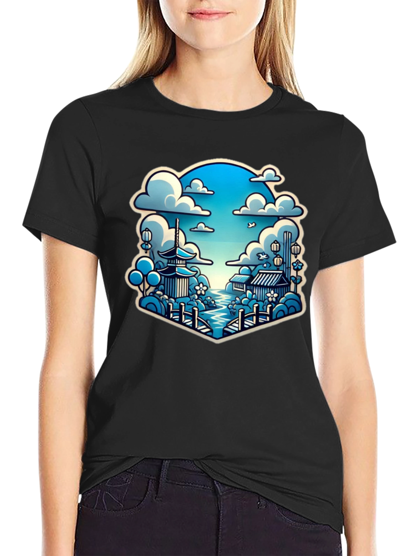 Camiseta Negra con Diseño Japonés Escénico