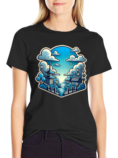 Camiseta Negra con Diseño Japonés Escénico