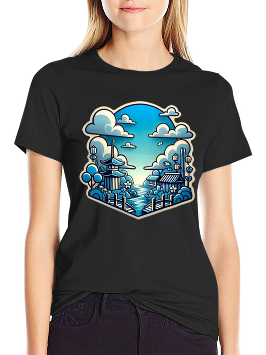 Camiseta Negra con Diseño Japonés Escénico