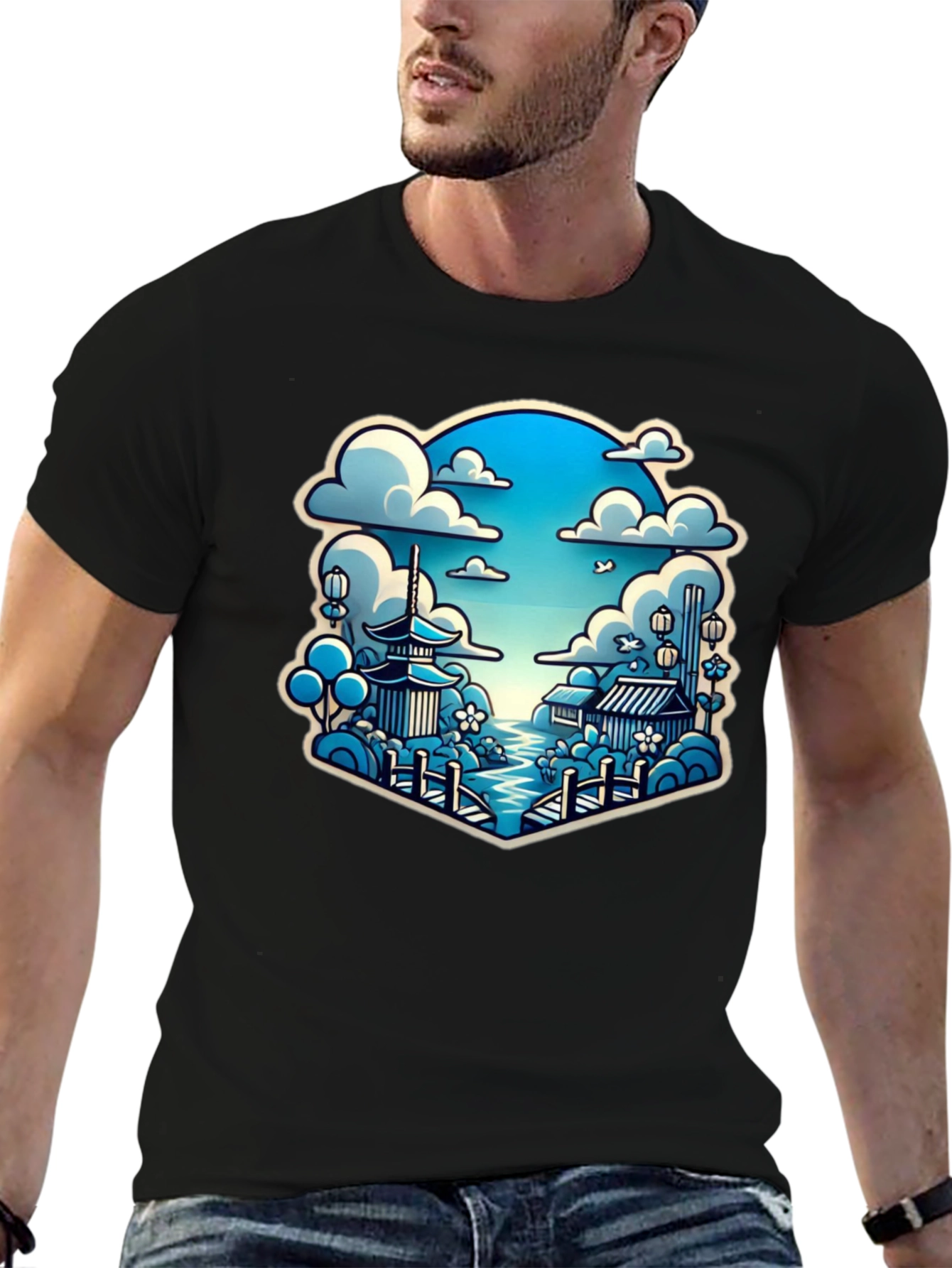 Camiseta Negra con Diseño Japonés Escénico