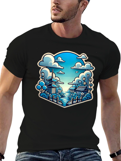 Camiseta Negra con Diseño Japonés Escénico