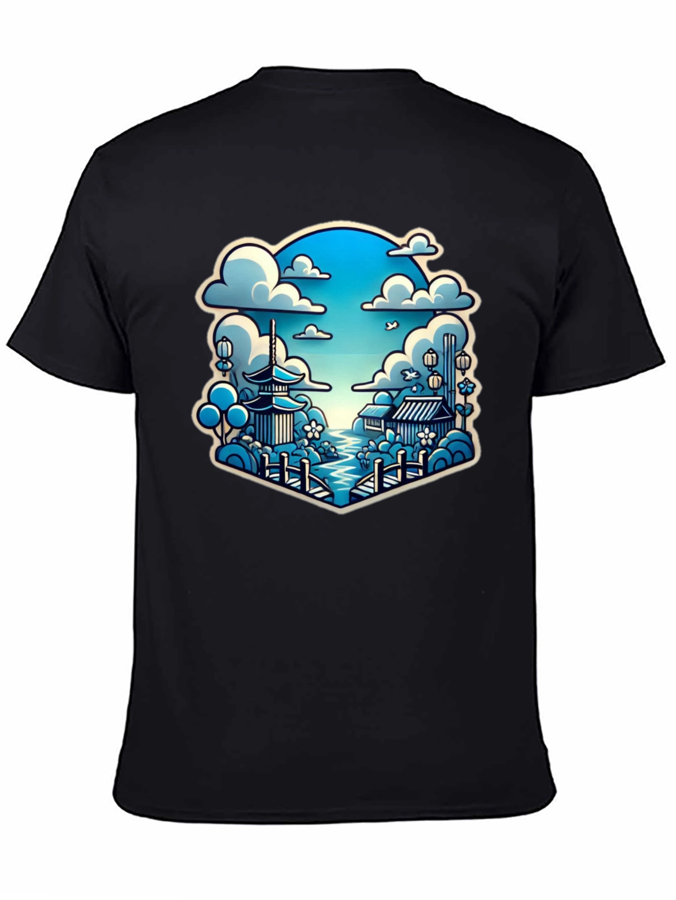 Camiseta Negra con Diseño Japonés Escénico
