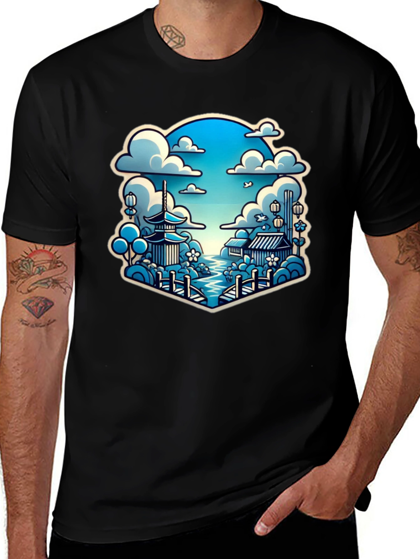 Camiseta Negra con Diseño Japonés Escénico