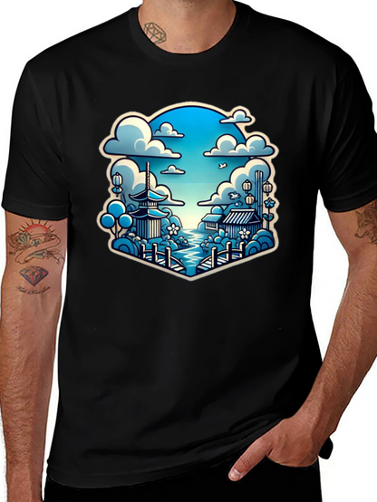 Camiseta Negra con Diseño Japonés Escénico