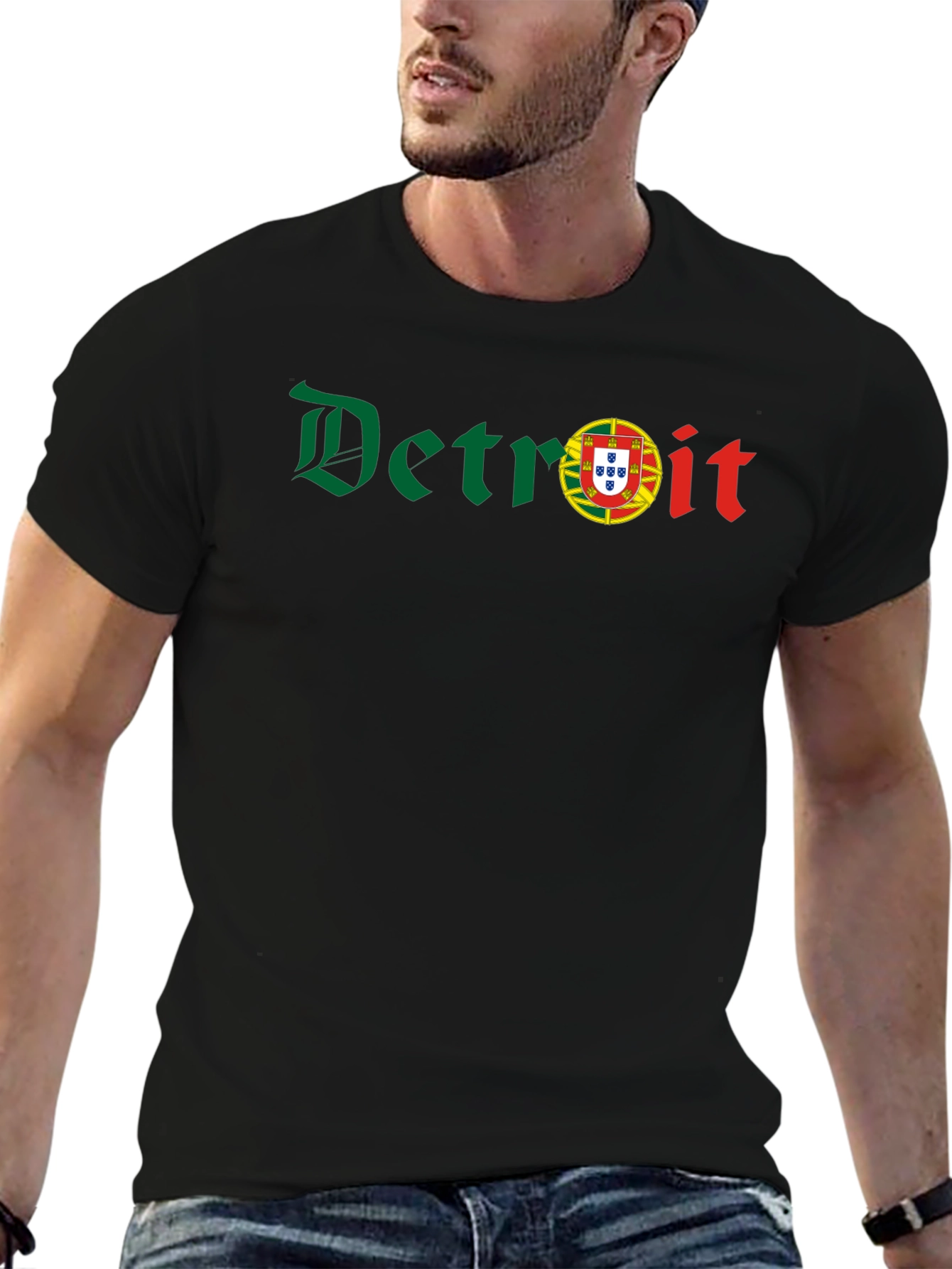 Camiseta Negra Detroit con Bandera Portuguesa