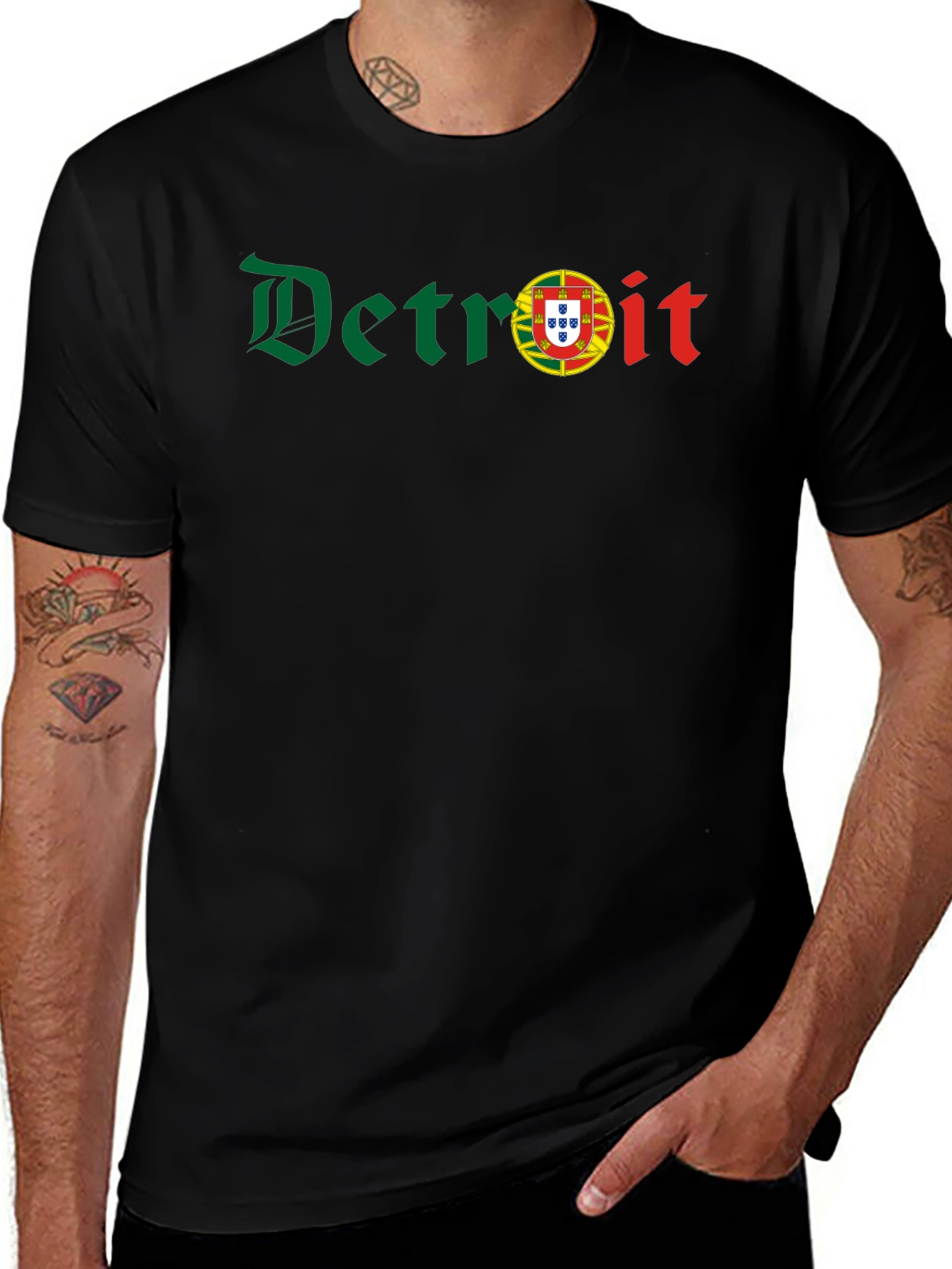 Camiseta Negra Detroit con Bandera Portuguesa