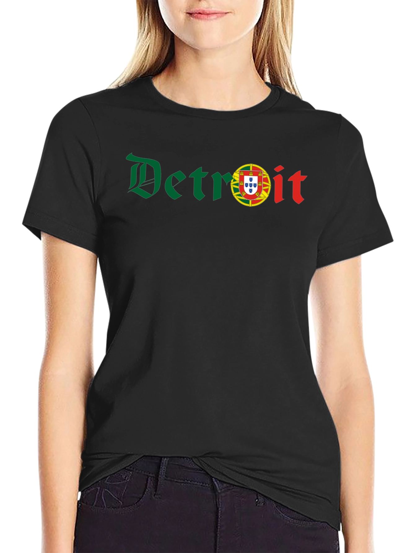 Camiseta Negra Detroit con Bandera Portuguesa
