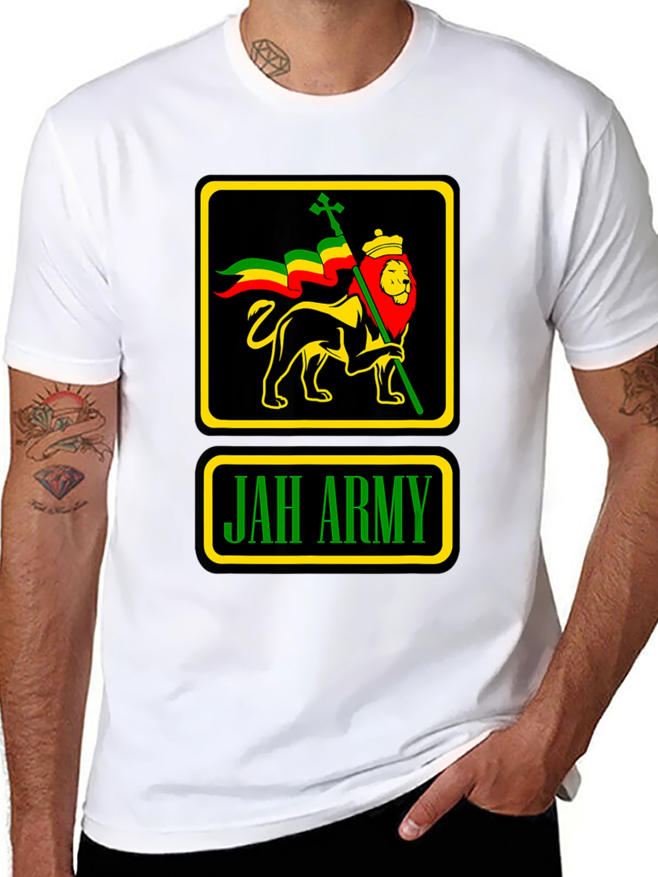 Camiseta Negra Jah Army Lion Reggae para Hombre