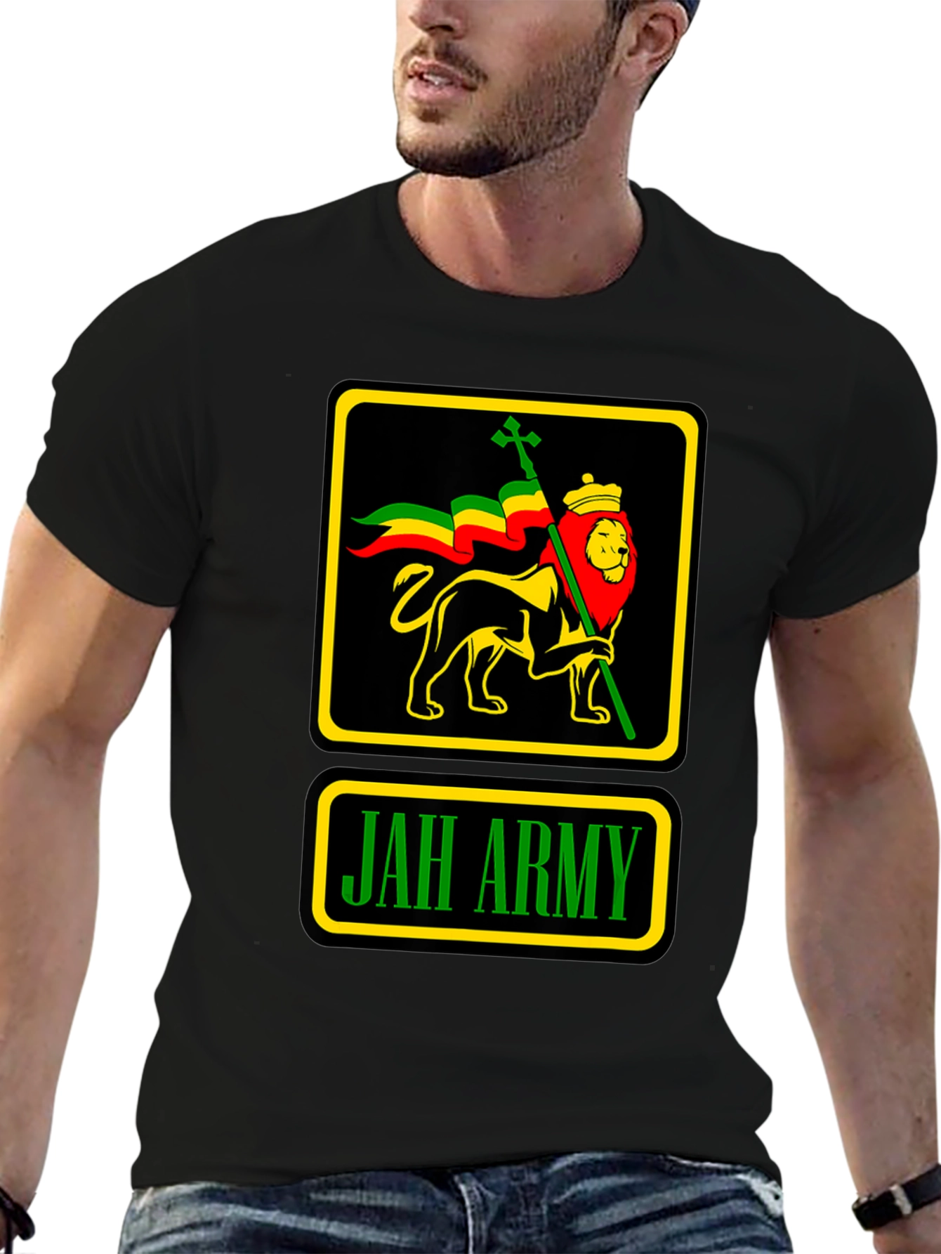 Camiseta Negra Jah Army Lion Reggae para Hombre