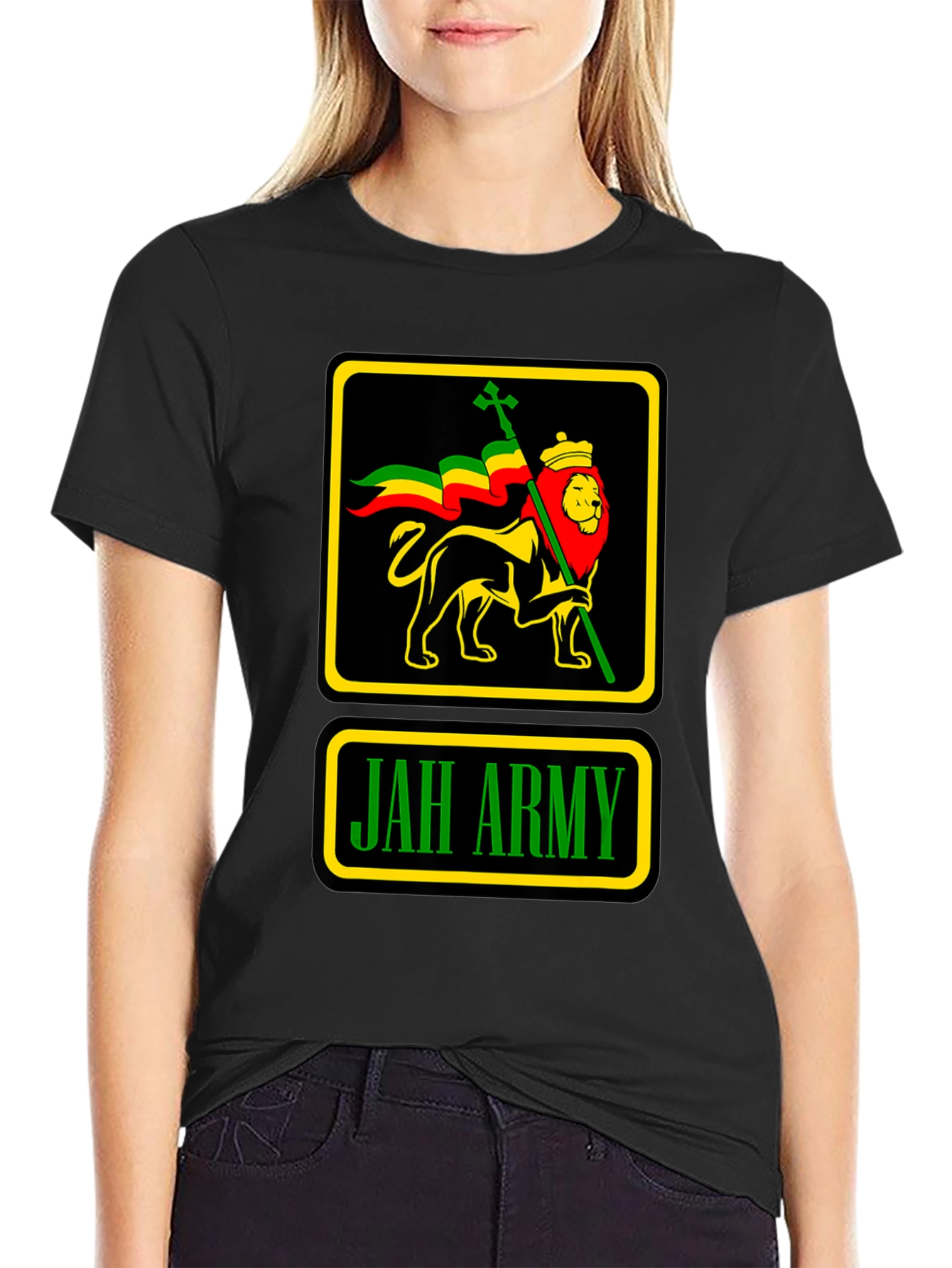 Camiseta Negra Jah Army Lion Reggae para Hombre