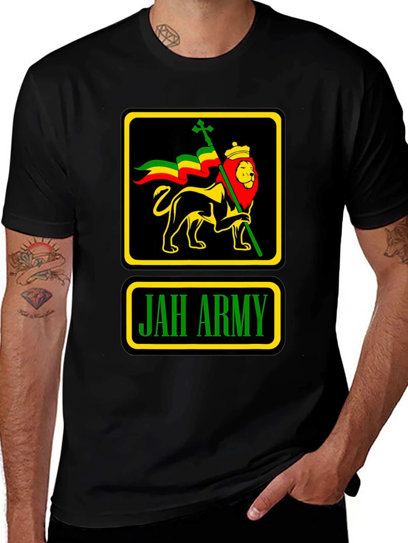 Camiseta Negra Jah Army Lion Reggae para Hombre