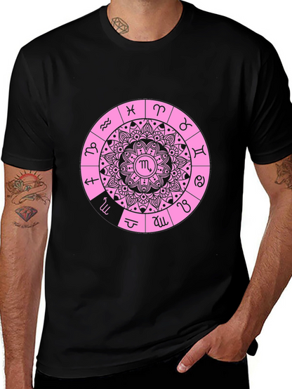 Camiseta Negra con Diseño de Mandala Zodiacal Rosa