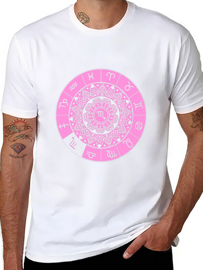 Camiseta Negra con Diseño de Mandala Zodiacal Rosa