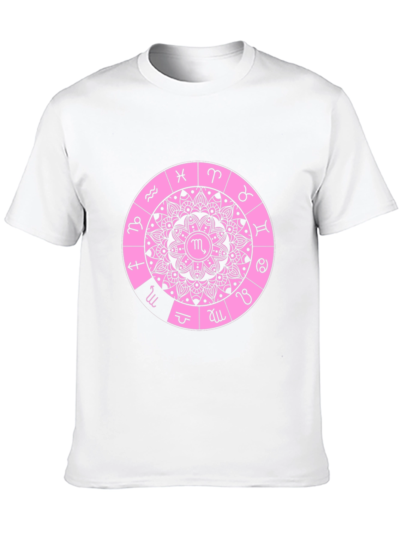 Camiseta Negra con Diseño de Mandala Zodiacal Rosa